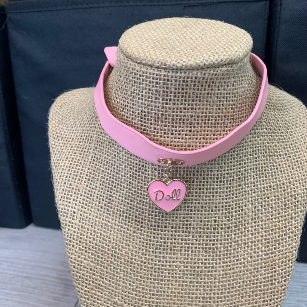 Pink Faux Leather Doll Heart Charm Choker Necklace Snap Closure 11-15 Inch